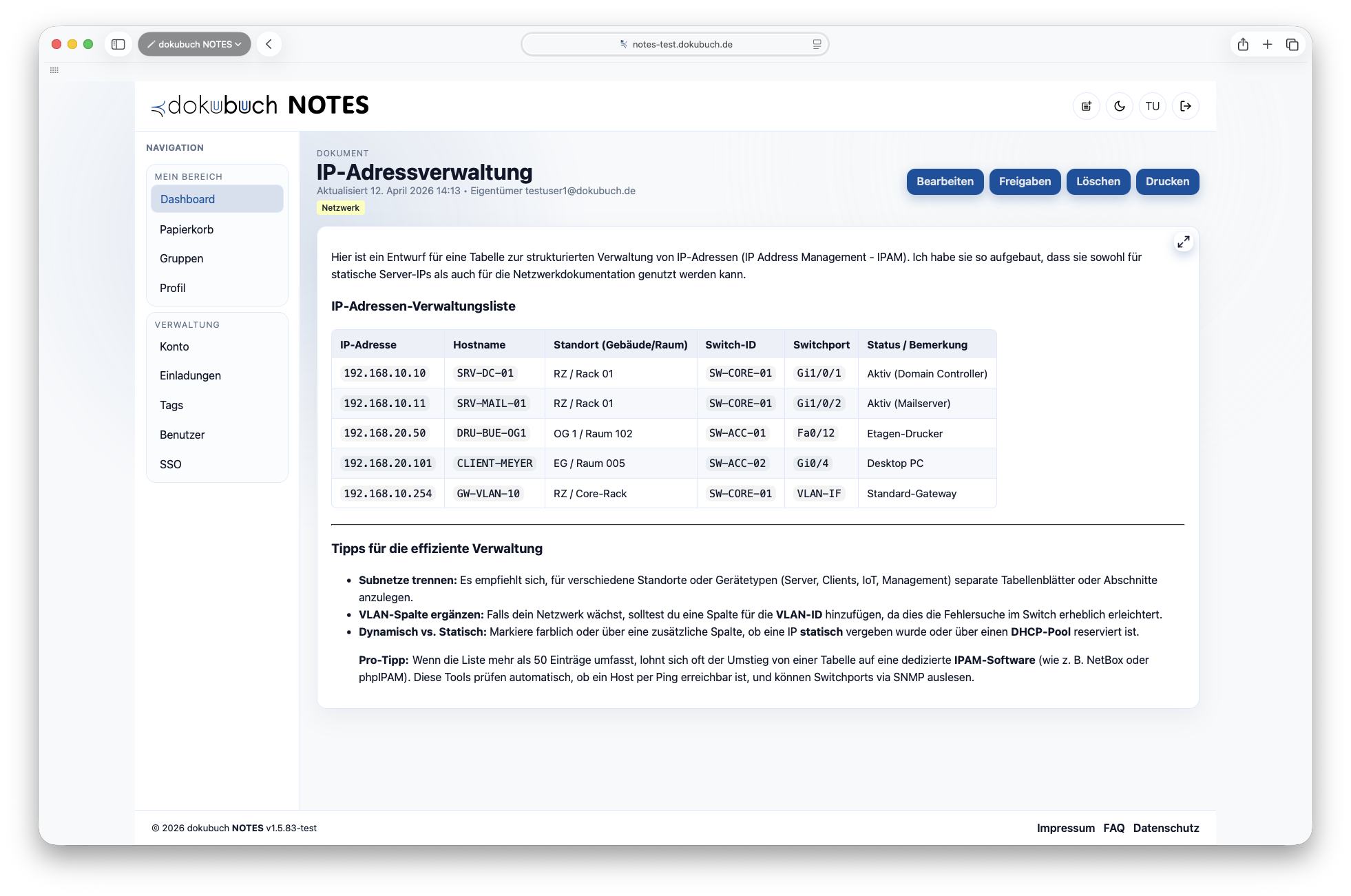 Dokumentansicht für IT-Dokumentation in dokubuch NOTES