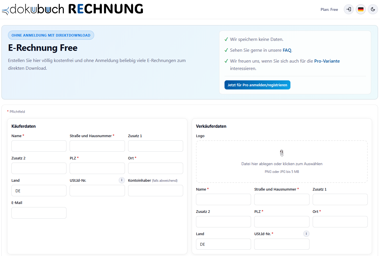 E-Rechnung Free Light-Mode – Screenshot von RECHNUNGSCLOUD