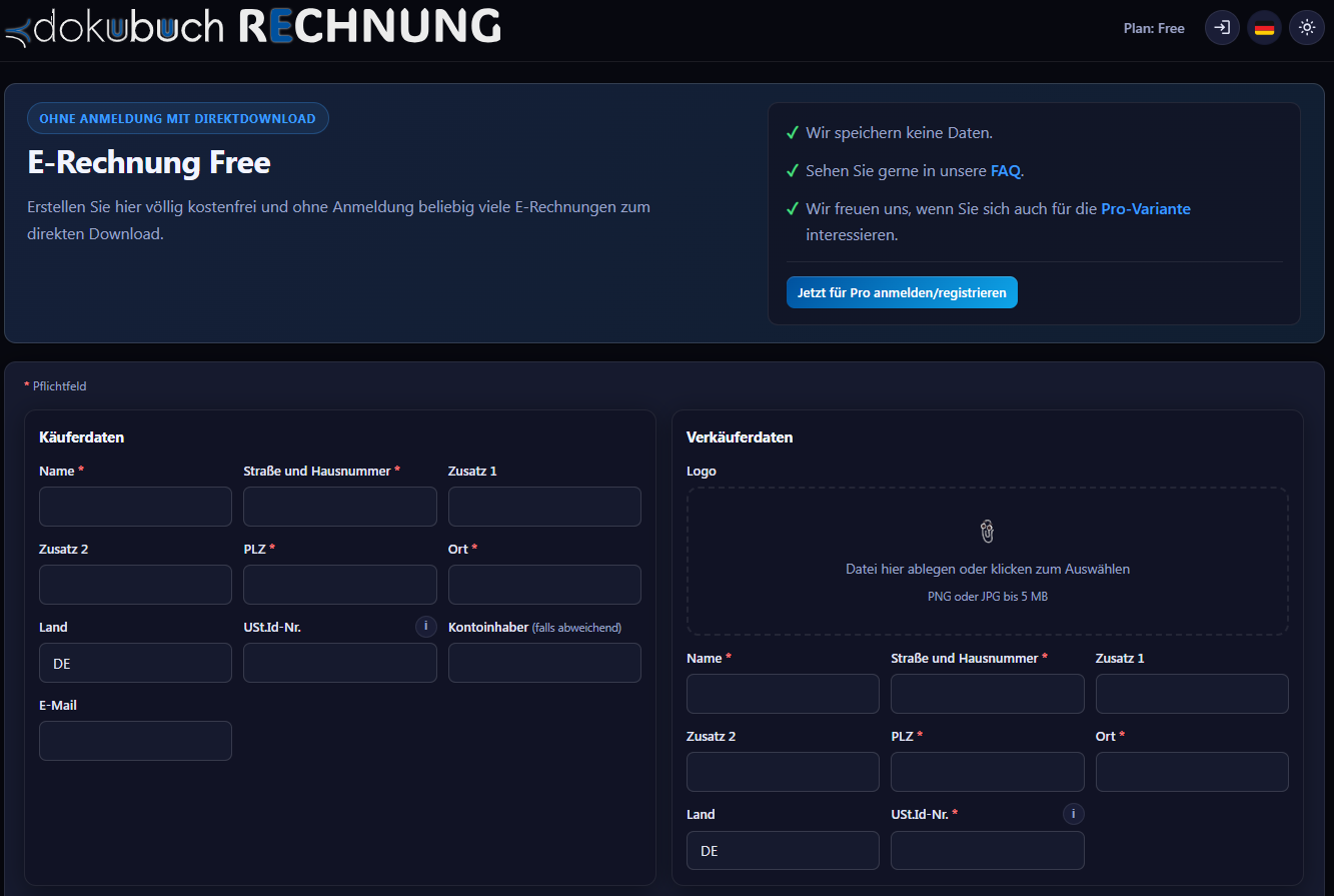 E-Rechnung Free Dark-Mode – Screenshot von RECHNUNGSCLOUD